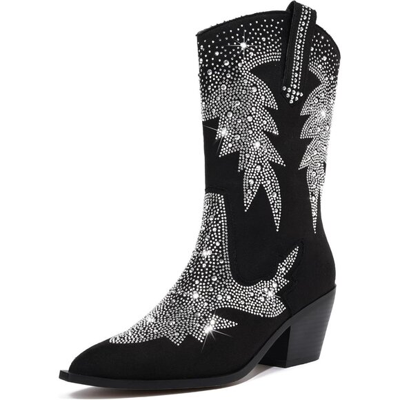 Women Polyurethane Ankle Black Pointed Toe Chunky Heel Rhinestone Tall Boot - Picture 1 of 8
